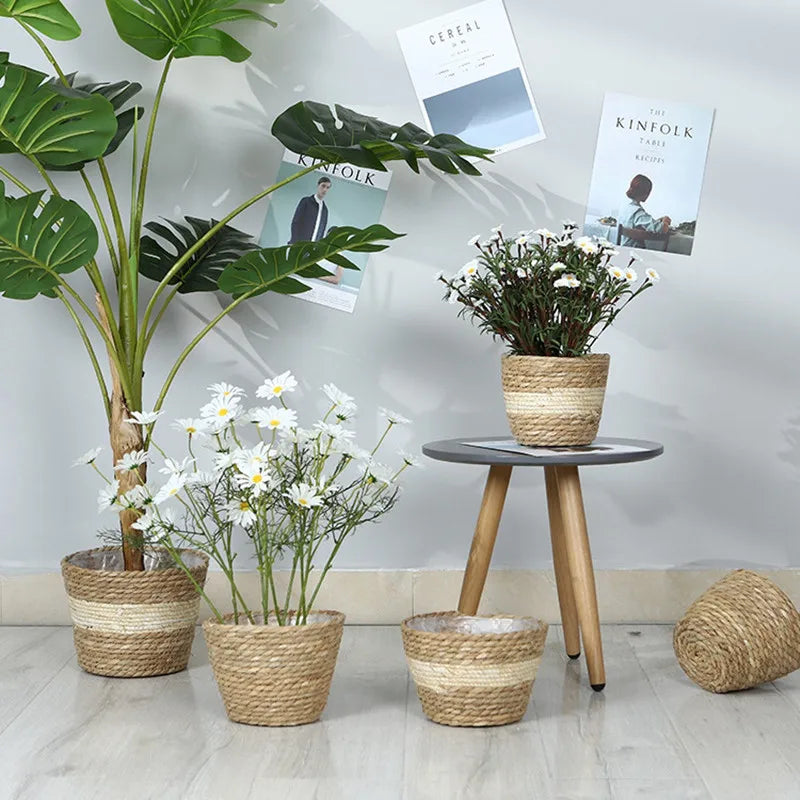Woven Straw Plant Pot Cover Basket for Indoor &amp; Outdoor Plants